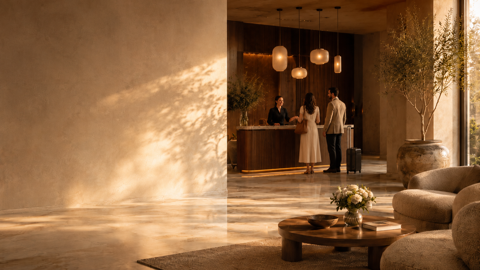 Lobby de hotel boutique con ambiente cálido y profesional